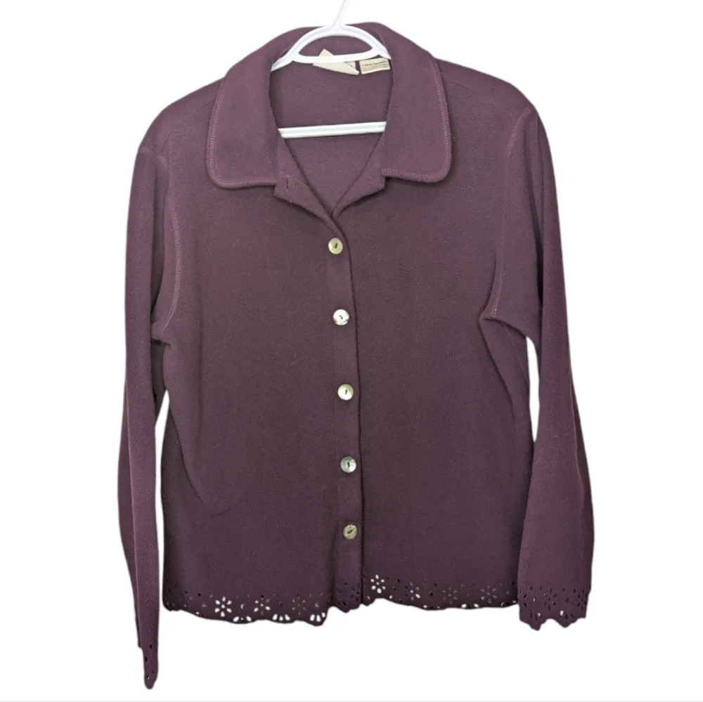 Vintage Plum Eggplant Purple Button Down Eyelet Detailed Soft Fleece Cardigan L